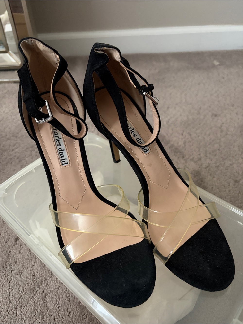 Charles David Black Suede Ankle-Strap Heels with Clear Straps size 8.5